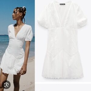 White Short Sleeve Embroidered Dress - Zara